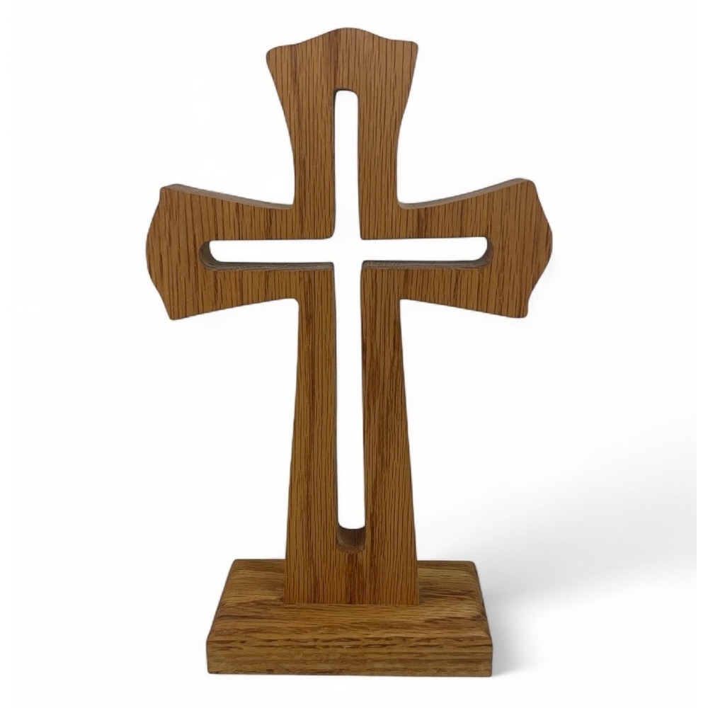 Vintage Oak Stained Wooden Standing Cross 9x5.75 Handcrafted Decor